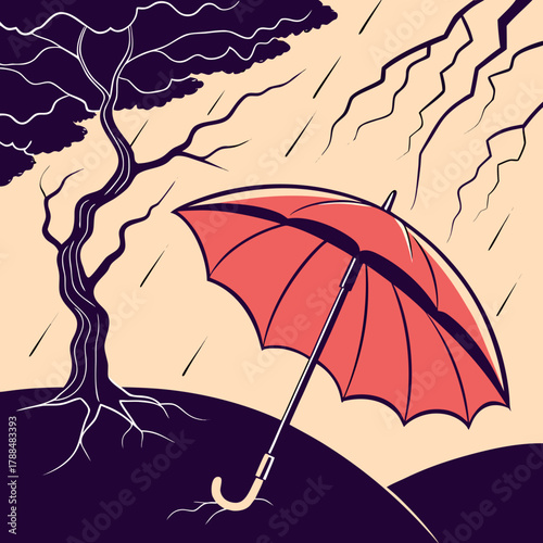 Stylized illustration of a red umbrella protecting from rain next to a tree