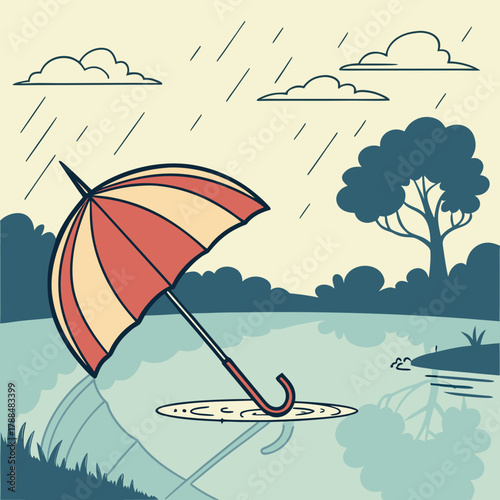 Stylized illustration of an umbrella in the rain with reflections on water