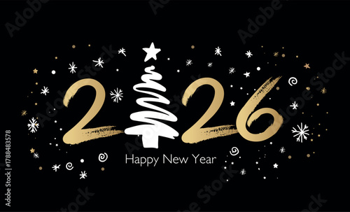 New Year 2026 card on black, postcard, hand drawn illustration.	
