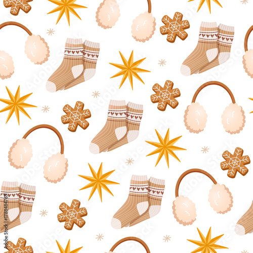 Seamless pattern with winter elements warm socks, fur earmuffs, gingerbread cookies and stars isolated on white background. Cozy holiday vector illustration, cute winter design for wrapping paper, etc