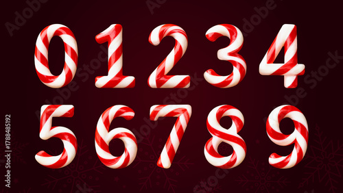 Christmas numbers 0 through 9 designed as striped candy canes on a dark red gradient background with snowflakes. Festive holiday typography, sweet number set, winter decorative font for Christmas card