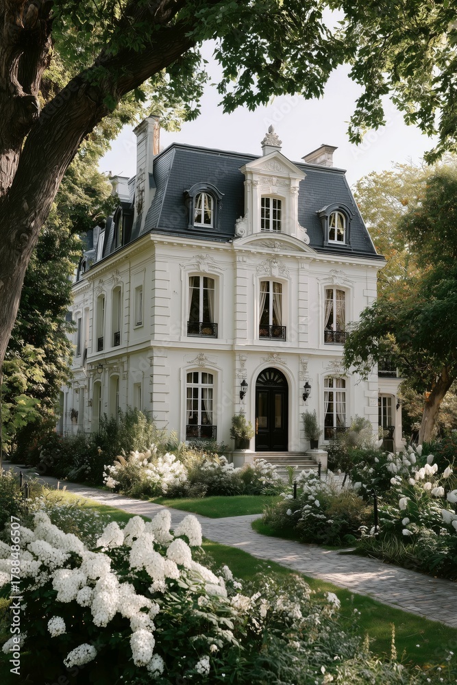 Naklejka premium Beautiful White House Surrounded by Blooming Flowers on a Sunny Day in a Charming Neighborhood