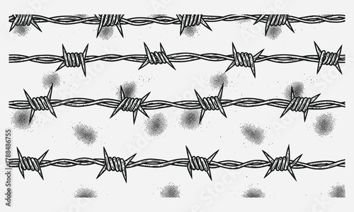 Barbed wire fence pattern, illustration with a grungy, distressed texture, offering a visual metaphor for restriction and boundaries