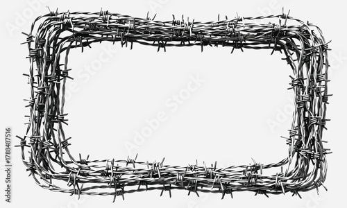 A rectangular frame constructed from coiled barbed wire, isolated on a white background, conveying a sense of confinement or restriction
