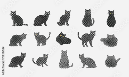 Set of Various Black Cat Poses and Silhouettes, Perfect for Halloween Decorations and Designs