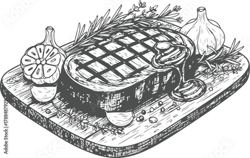 Grilled steak with lemon and rosemary on a wooden board