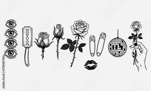 Edgy Aesthetic Elements Vector Set Featuring Roses, All-Seeing Eyes, Razor Blade, Disco Ball, and Safety Pins for Modern Design Projects