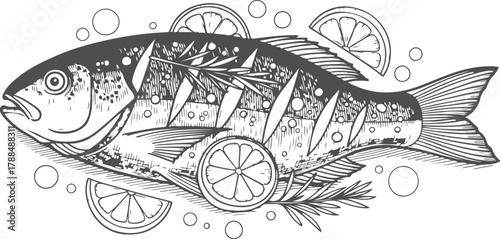 Whole baked fish with lemon slices and rosemary