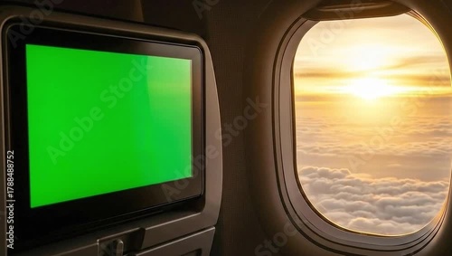 Airplane window view with sunset and clouds, alongside a green screen display for inflight entertainment, offering a blend of travel and technology