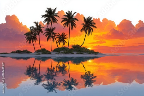 Wallpaper Mural Tropical island paradise with palm trees at vibrant sunset reflected in calm ocean water Torontodigital.ca