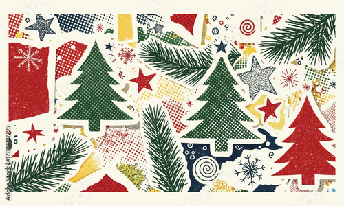 Vintage Inspired Festive Christmas Collage Background with Torn Paper Texture, Evergreen Trees, and Holiday Decoration Elements