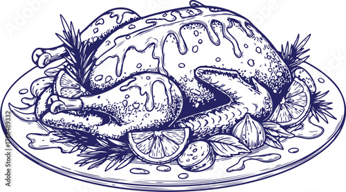 Roasted chicken with lemon, herbs, and sauce