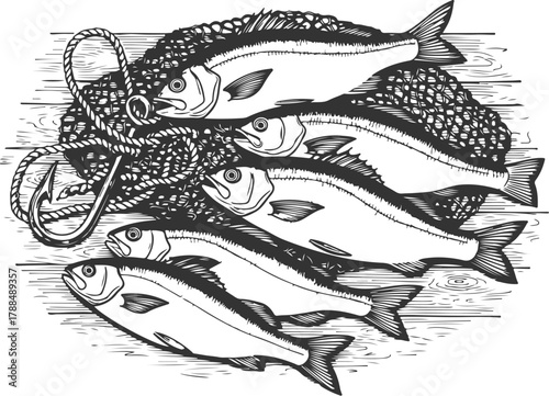 Illustration of freshly caught fish with fishing net and hook