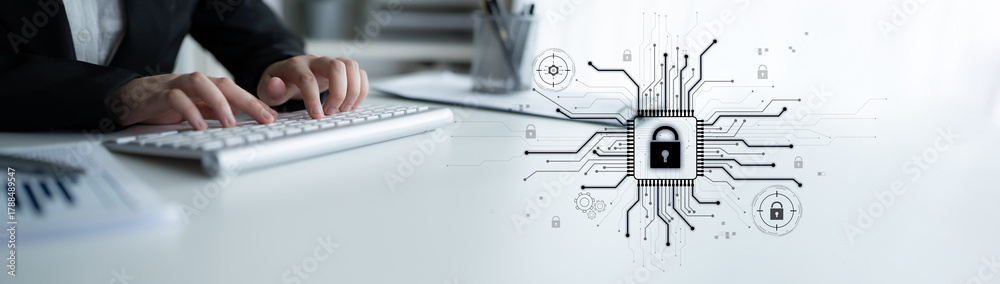 Fototapeta premium Cyber security system protecting digital infrastructure. Cyber security ensures data safety, prevents breaches, cyber security strengthens defense, and supports secure operations. Latch