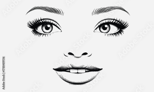 Elegant illustration of a woman's face, focusing on expressive eyes with long lashes and soft lips, perfect for beauty, fashion, and feminine design concepts