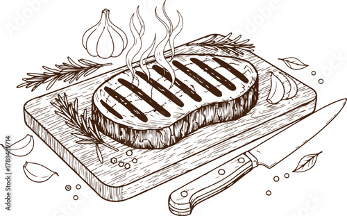 Handdrawn illustration of a grilled steak on a wooden board with knife
