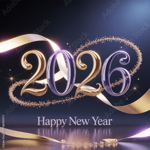 Happy New Year celebration card design illustration with winter snow, star decoration, and fireworks light for the 2026 holiday season