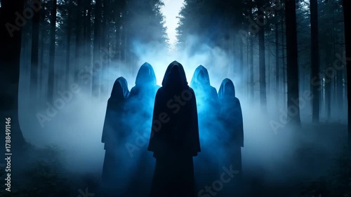 Hooded cult members gather in a foggy, moonlit forest, cloaked in blue light as they enact a solemn, eerie ritual beneath towering trees and drifting mist