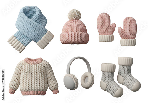 3d icon of cozy winter clothing set with scarf, hat, mittens, sweater, headphones, and socks