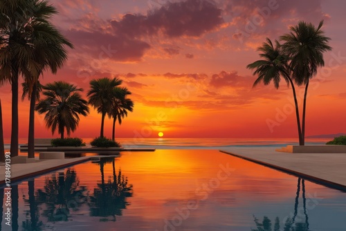 Serene tropical infinity pool reflects a vibrant sunset with silhouetted palm trees