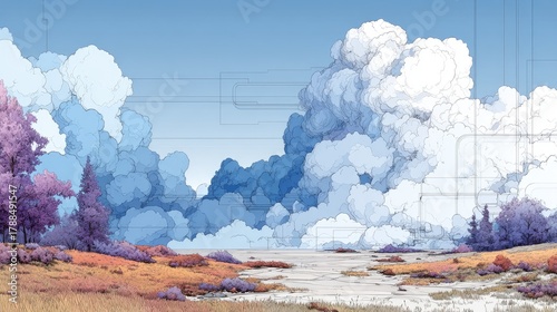 Pastel landscape with textured clouds and grid