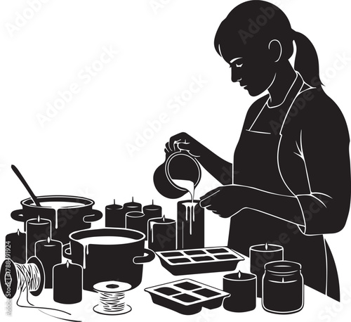 Silhouette of a woman crafting candles at home surrounded by wax and supplies on a table