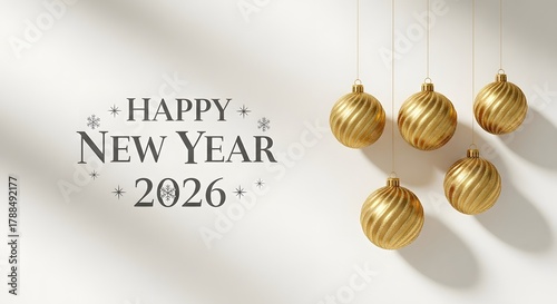 Festive golden baubles and elegant happy new year 2026 text with subtle shadows on a textured white background