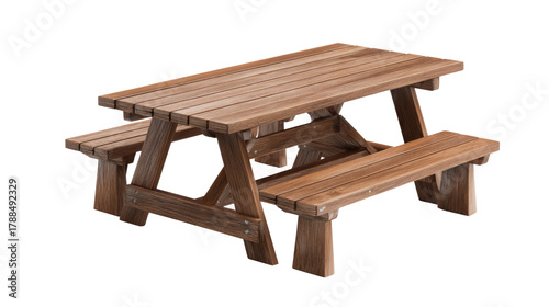 A rustic wooden picnic table with attached benches, showcasing natural wood grain, isolated on a transparent background, perfect for outdoor settings. background removed