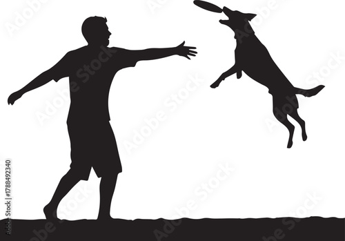 Dynamic silhouette of a person throwing a frisbee for an energetic dog catching