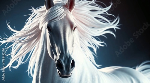 Majestic white horse with flowing mane in dramatic lighting and copy space