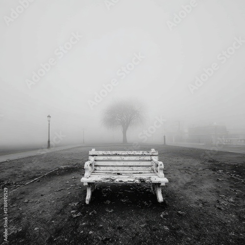 Foggy park scene with lone bench