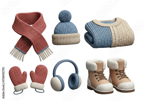 3d icon of cozy winter clothing set with scarf, hat, sweater, mittens, headphones, and boots