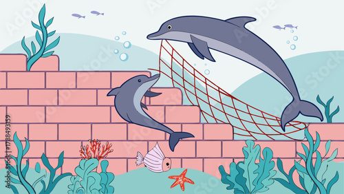 3D Dolphins Rescuing Fish from Net on Pastel Brick Wall 
