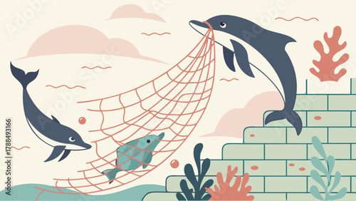 3D Dolphins Rescuing Fish from Net on Pastel Brick Wall Vector