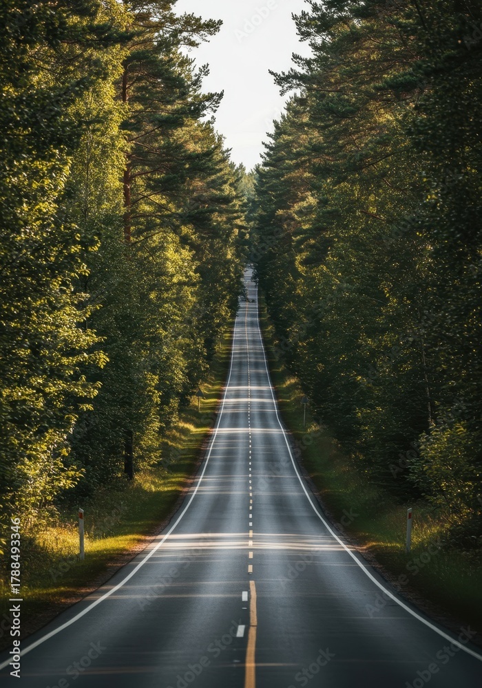 Naklejka premium Fernstra?e durch boreale W?lder, die sich bis zum Horizont erstreckt. Symbol f?r Abenteuer, Freiheit und unber?hrte Natur in der n?rdlichen Wildnis ,himmel, Horizont, abgeschieden