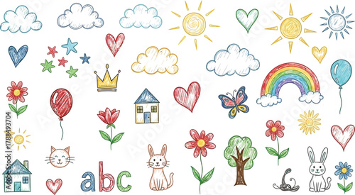 Childlike Sketch of Rainbow, Sun, Heart, Bunny, Cat, House and Flowers on White