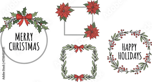 Christmas Floral Frames Poinsettia, Holly, Berries, and Bows on White Background