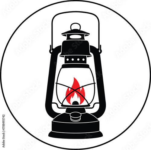Classic vintage oil lamp icon with glowing red flame in a circular frame vector illustration graphic