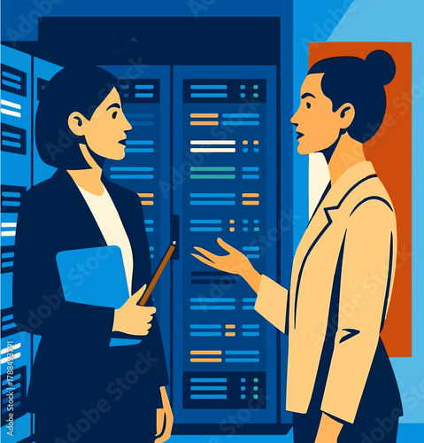 discussing data center infrastructure and server management systems, examining server racks and network technology