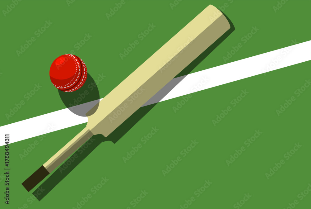 Fototapeta premium Cricket bat and ball lies on cricket court, view from above, sport poster, vector