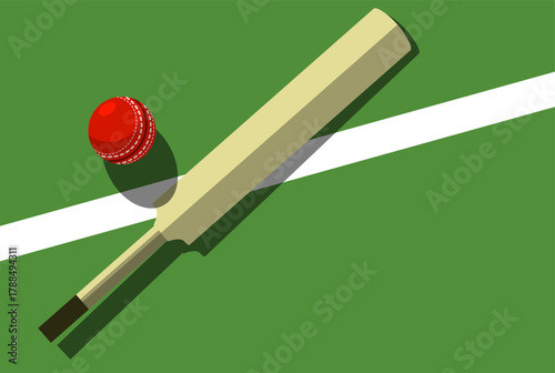 Cricket bat and ball lies on cricket court, view from above, sport poster, vector