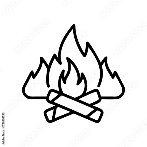 Simple outline drawing of a campfire with logs on transparent background