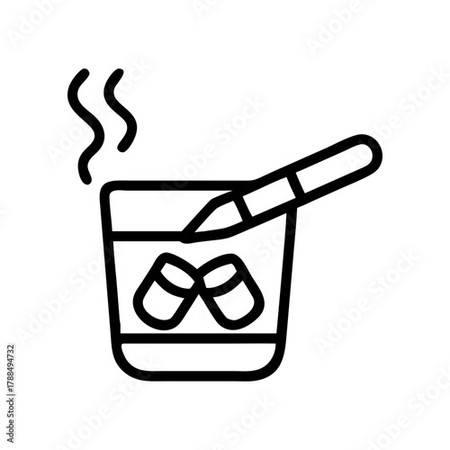 Glass with ice cubes and a stirring stick outline on transparent background