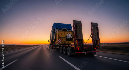 Heavy haul truck transporting an oversized cargo on a highway at scenic sunset. Logistics and cargo transportation concept for global trade.