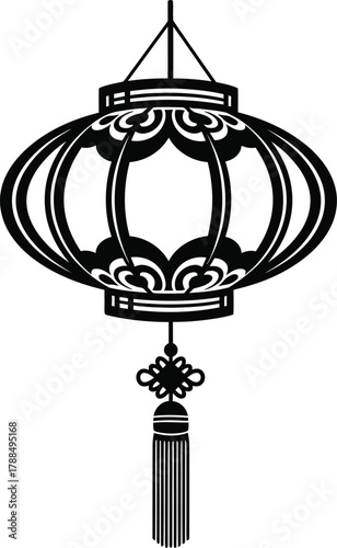 Traditional oriental paper lantern silhouette with decorative tassel icon vector design element