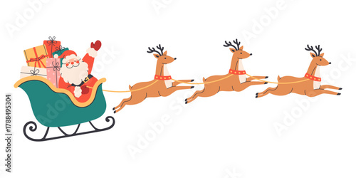 Santa Claus flying on sleigh with reindeers with Christmas presents. Perfect for greeting cards, invitations, posters, seasonal design. Flat vector illustration isolated on white background