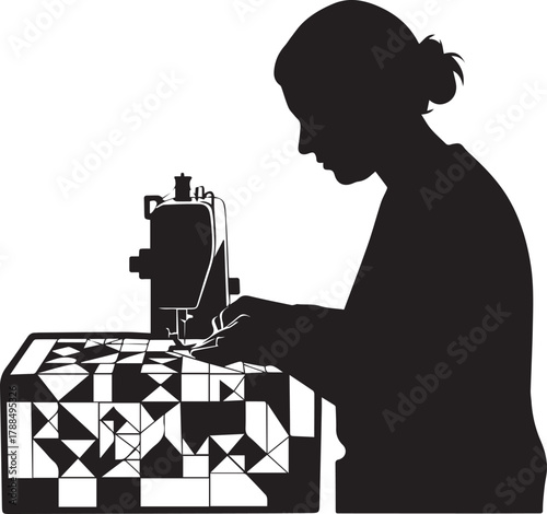 Silhouette of a woman sewing a quilt on a machine representing a crafting hobby