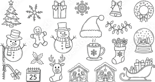 Christmas Outlines with Tree, Snowman, Gingerbread Man, Sleigh, & Nativity