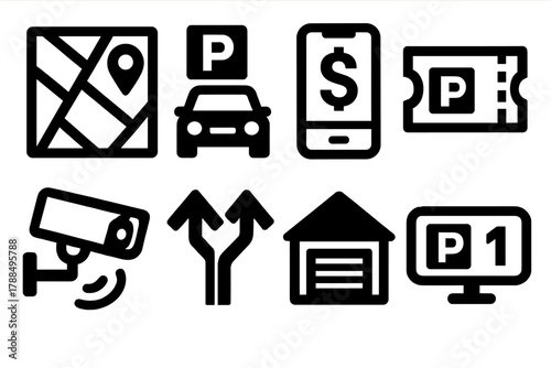 Parking System Icons. Digital Parking Systems silhouette icon set: map interface, car space indicator, payment app, entry ticket, camera sensor, route arrows, garage icon,
