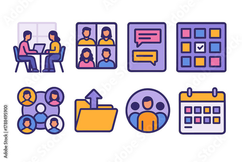 Virtual Workspace Icons. Virtual Coworking flat icons: shared workspace, video call grid, chat sidebar, task board, file sharing icon, team avatar circle, calendar schedule,